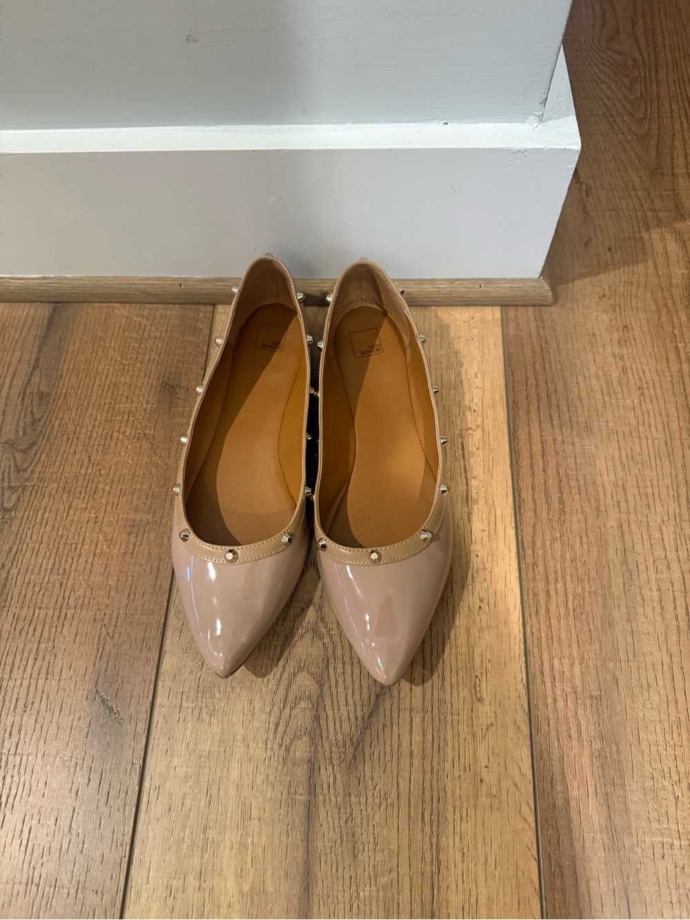 14th & Union Patent Pointed-Toe Ballet Flats with Stud Trim in Beige
